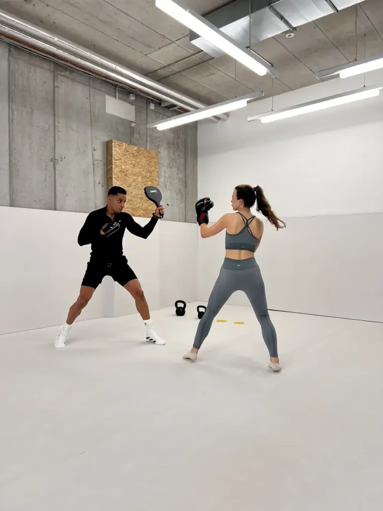 Personal Trainer indoor boxing session female client championship technique instruction professional guidance